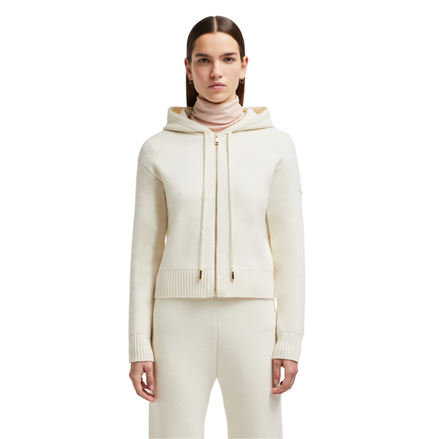 Cardigan zippé à capuche MONCLER en laine et cachemire écru