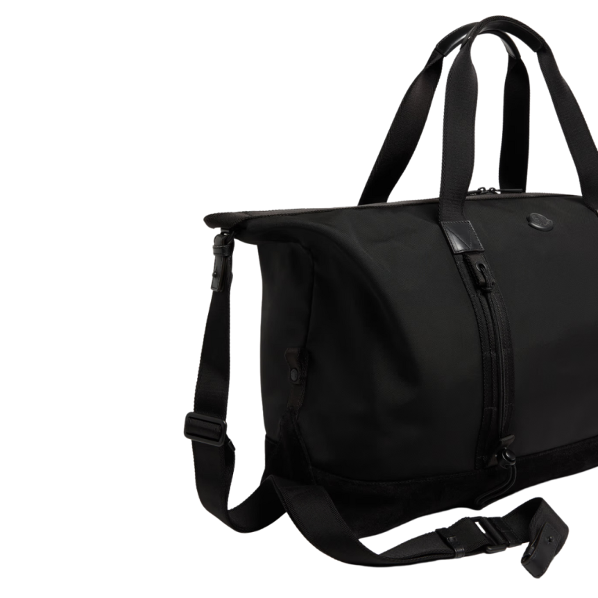 Sac de sport MONCLER Tech imperméable nylon noir bordure cuir logo métal noir