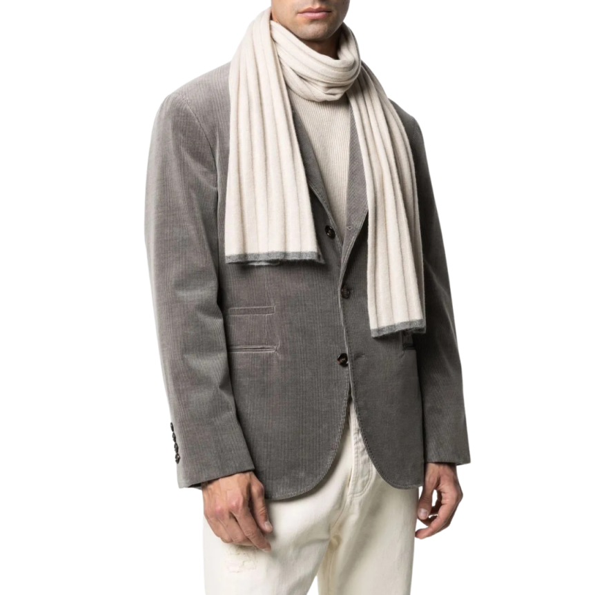 Echarpe BRUNELLO CUCINELLI cachemire côtelé beige bord gris