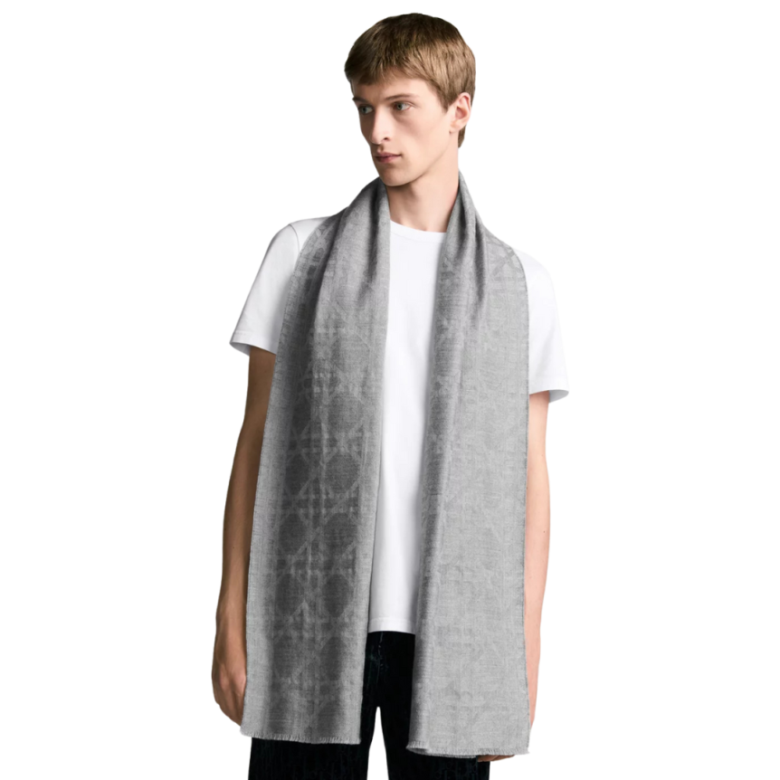 Echarpe DIOR cachemire gris jacquard cannage gris