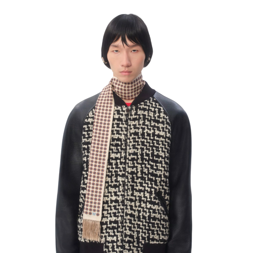 Foulard bandeau VALENTINO Chamber soie écru imprimée franges