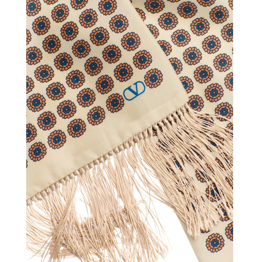 Foulard bandeau VALENTINO Chamber soie écru imprimée franges