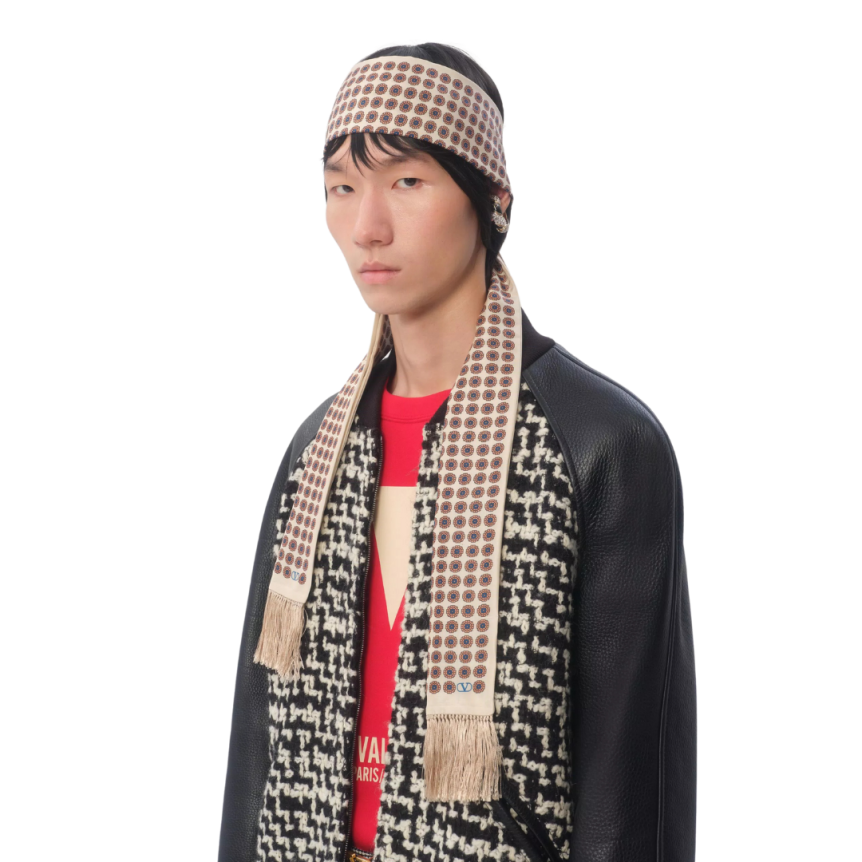 Foulard bandeau VALENTINO Chamber soie écru imprimée franges