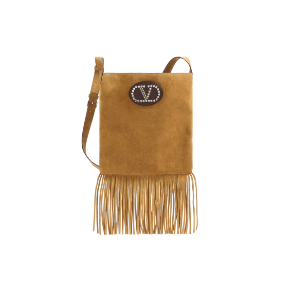 Sac porté épaule VALENTINO Nellcôte daim camel écusson cuir V Logo signature métal