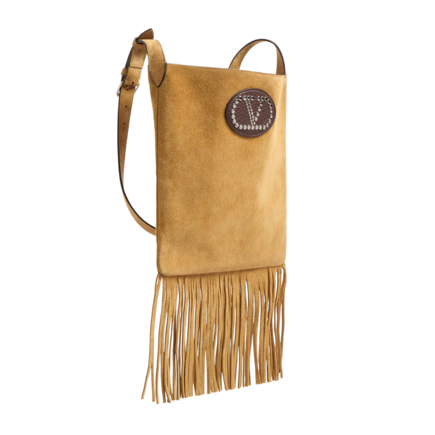 Sac porté épaule VALENTINO Nellcôte daim camel écusson cuir V Logo signature métal