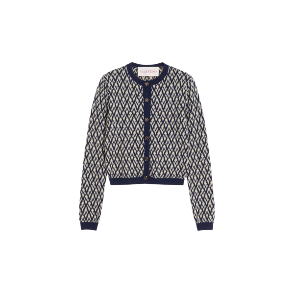 Cardigan VALENTINO laine jacquard V logo bleu marine écru