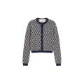 Cardigan laine jacquard V logo bleu marine écru