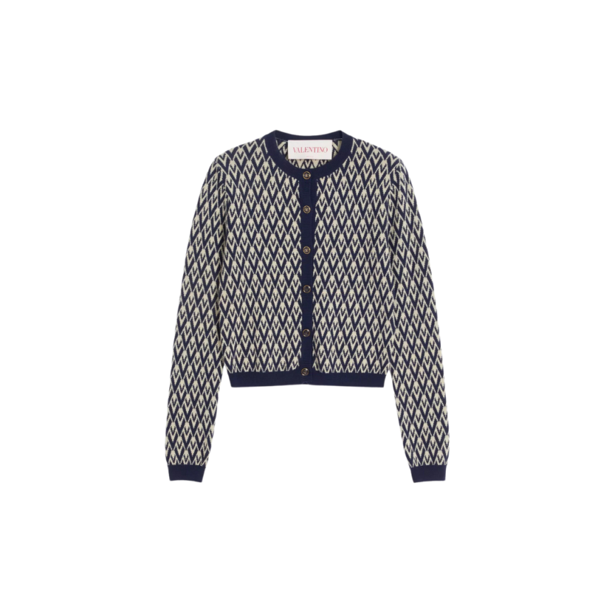 Cardigan VALENTINO laine jacquard V logo bleu marine écru