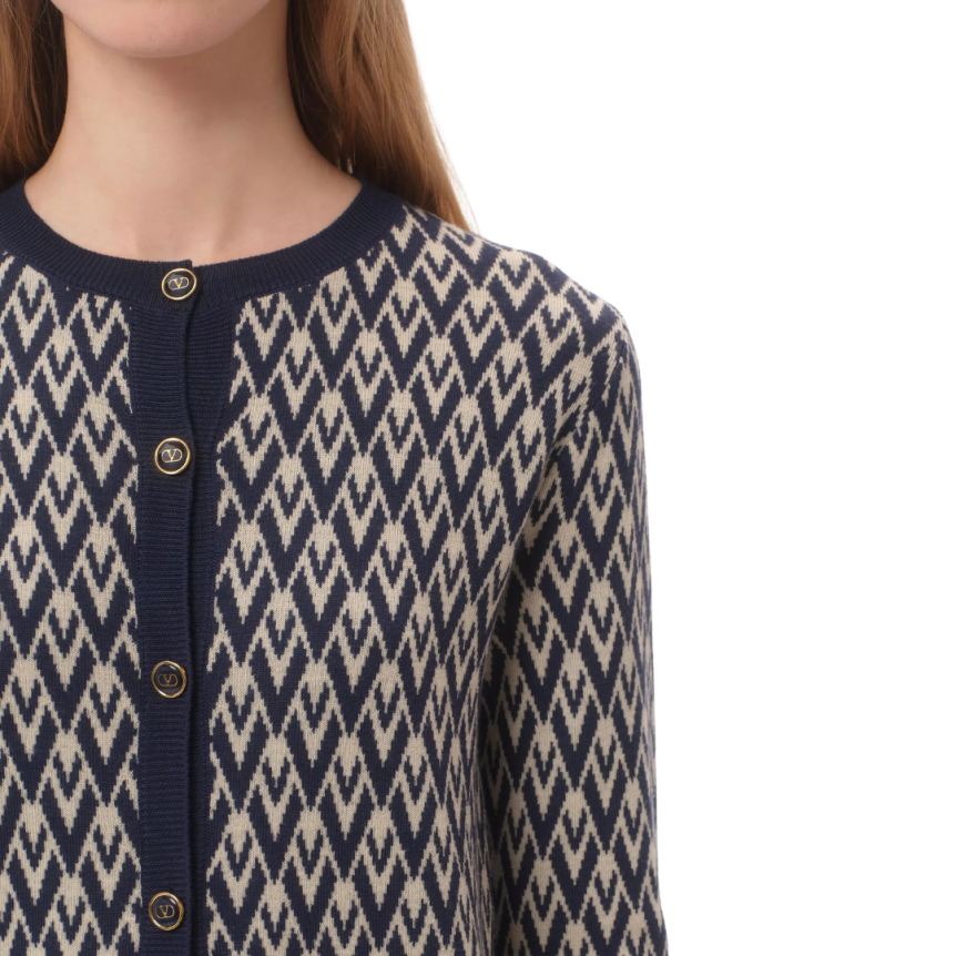 Cardigan VALENTINO laine jacquard V logo bleu marine écru