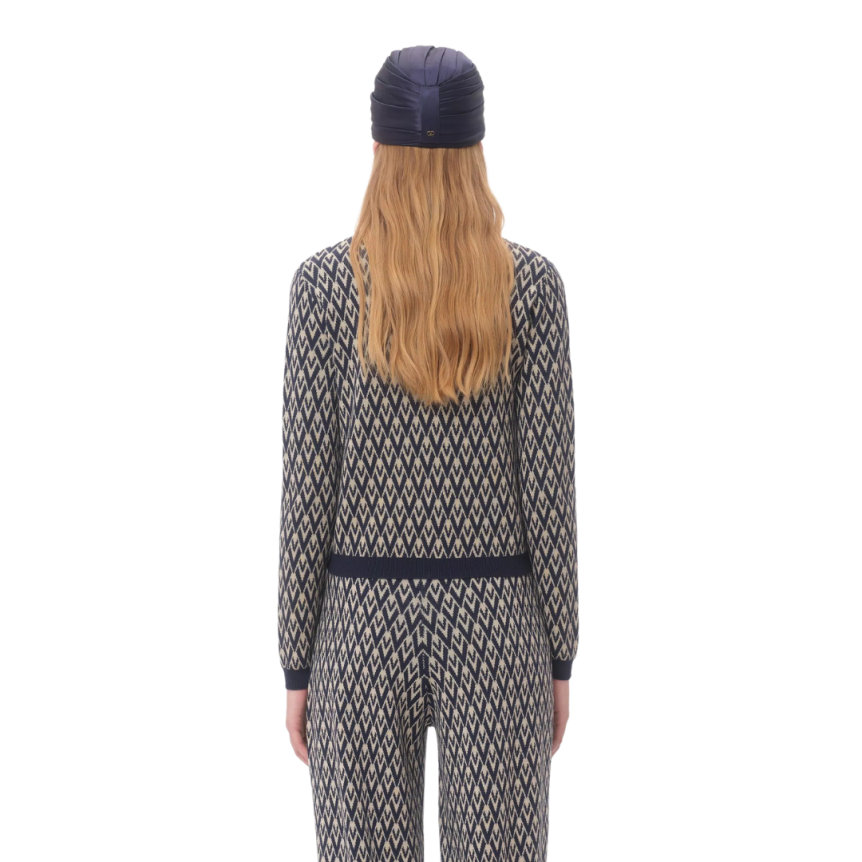 Cardigan VALENTINO laine jacquard V logo bleu marine écru