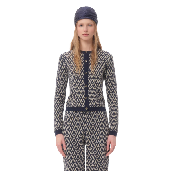 Cardigan VALENTINO laine jacquard V logo bleu marine écru