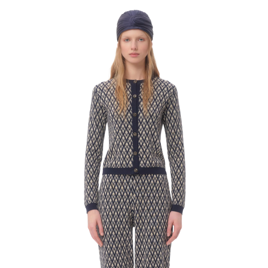 Cardigan VALENTINO laine jacquard V logo bleu marine écru
