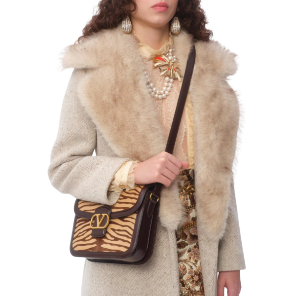 Sac porté épaule VALENTINO 9TO5 cuir veau marron imitation poulain imprimé zèbre