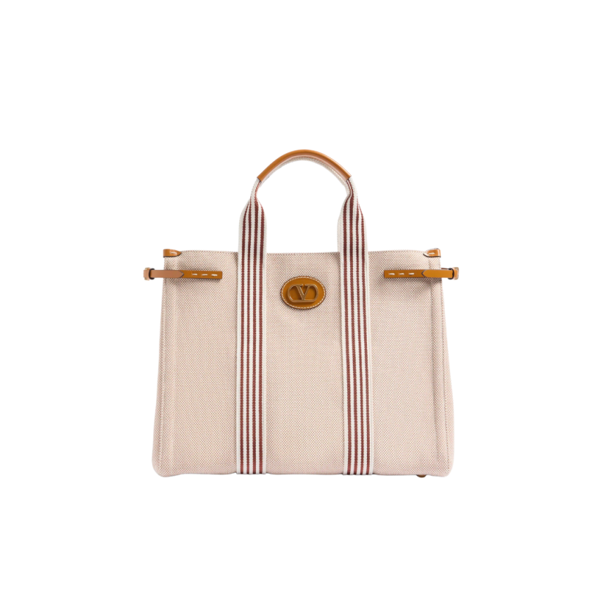 Sac Cabas VALENTINO Antibes toile beige rayures cuir V Logo signature métal doré