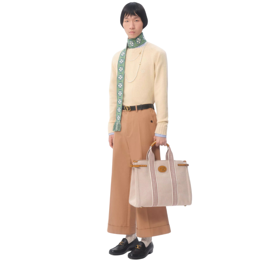 Sac Cabas VALENTINO Antibes toile beige rayures cuir V Logo signature métal doré