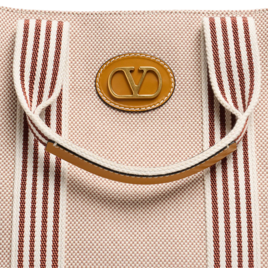 Sac Cabas VALENTINO Antibes toile beige rayures cuir V Logo signature métal doré