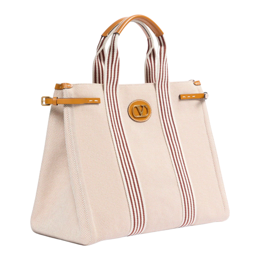Sac Cabas VALENTINO Antibes toile beige rayures cuir V Logo signature métal doré