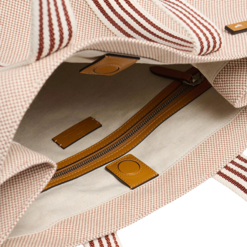 Sac Cabas VALENTINO Antibes toile beige rayures cuir V Logo signature métal doré