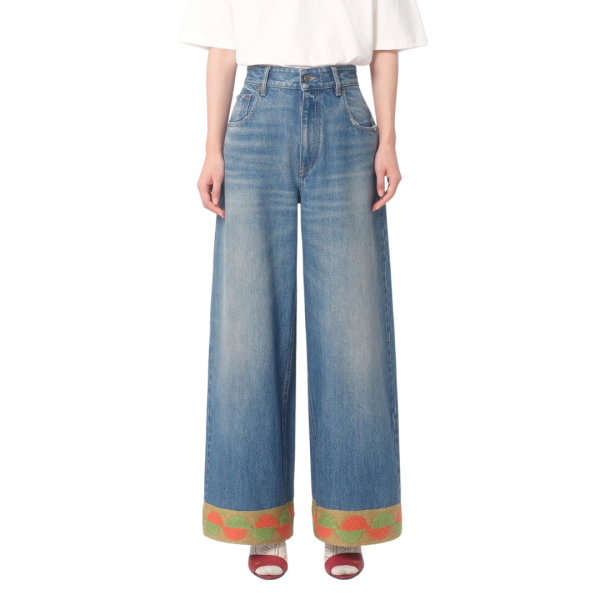 Pantalon Jean VALENTINO denim coton bleu large bas tissu jacquard