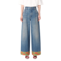 Pantalon Jean denim coton bleu large bas tissu jacquard