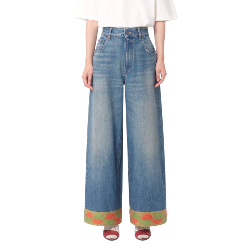 Pantalon Jean VALENTINO denim coton bleu large bas tissu jacquard