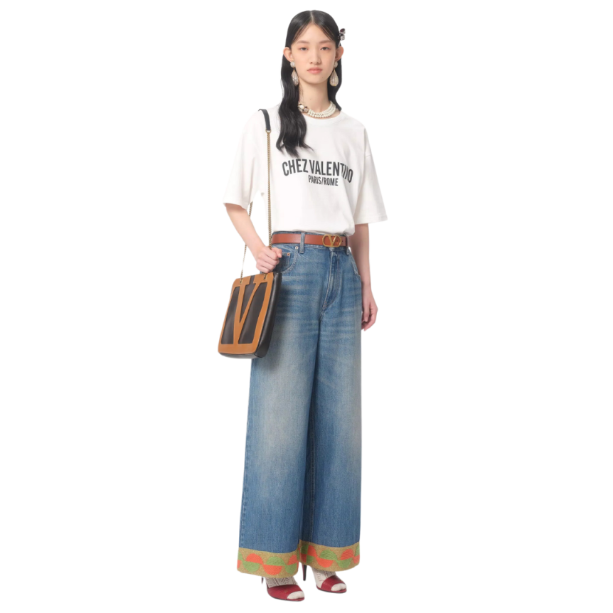 Pantalon Jean VALENTINO denim coton bleu large bas tissu jacquard