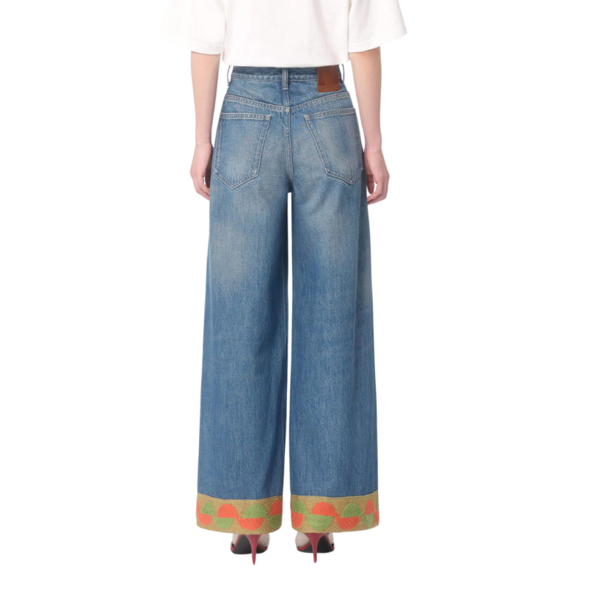 Pantalon Jean VALENTINO denim coton bleu large bas tissu jacquard