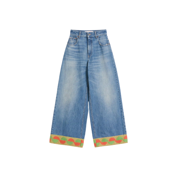 Pantalon Jean VALENTINO denim coton bleu large bas tissu jacquard