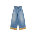 Pantalon Jean denim coton bleu large bas tissu jacquard