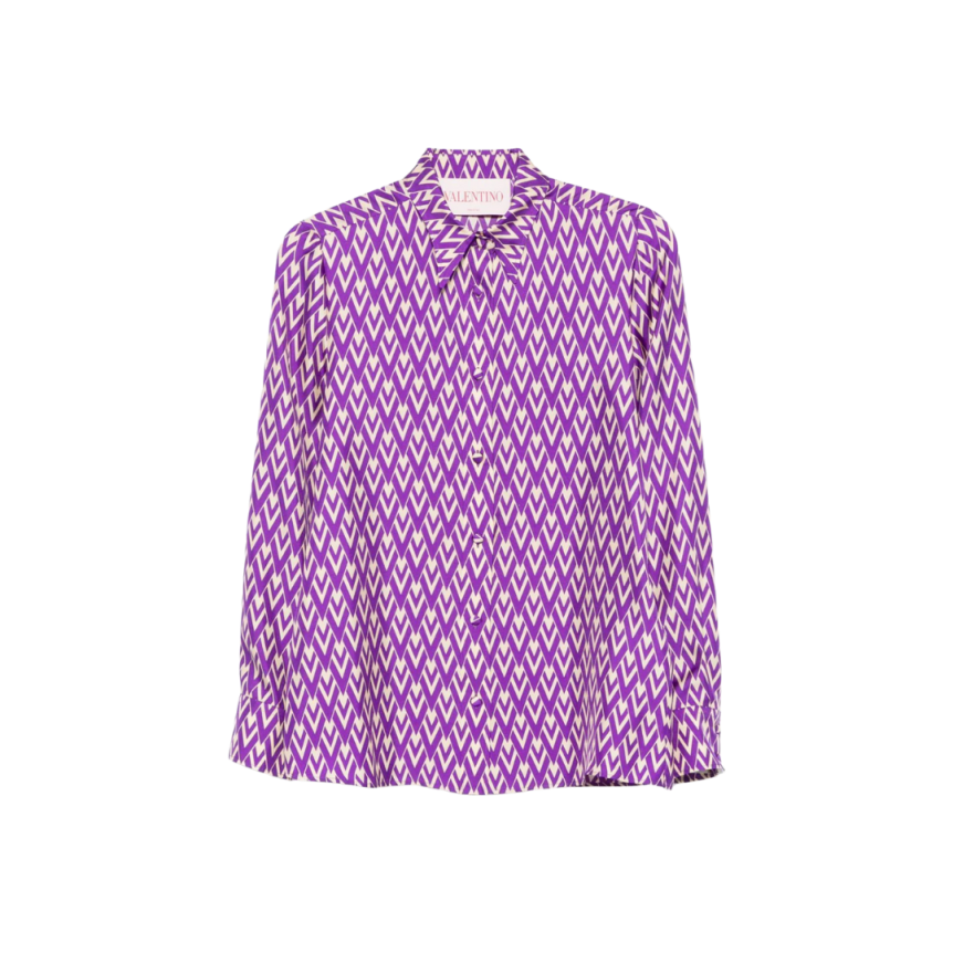 Chemise à manches longues VALENTINO soie Georgette viol et logo V écru