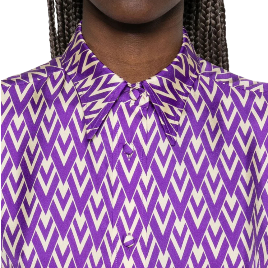 Chemise à manches longues VALENTINO soie Georgette viol et logo V écru