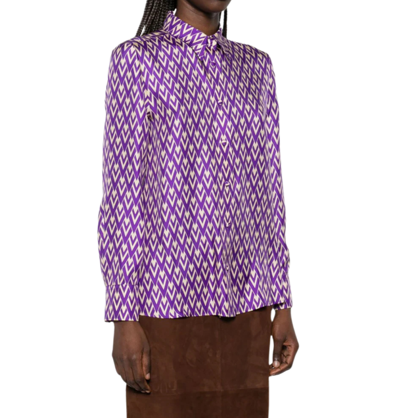 Chemise à manches longues VALENTINO soie Georgette viol et logo V écru