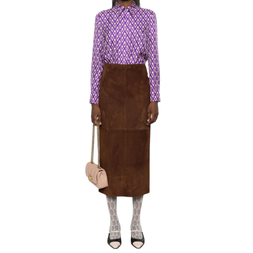 Chemise à manches longues VALENTINO soie Georgette viol et logo V écru