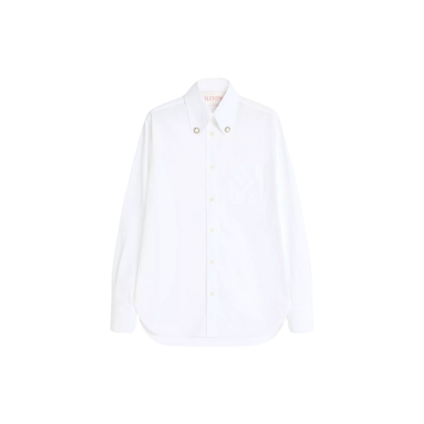 Chemise manches longues VALENTINO popeline de coton blanc bijoux cfleurs ol