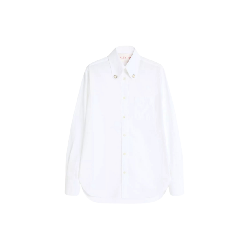 Chemise manches longues VALENTINO popeline de coton blanc bijoux cfleurs ol