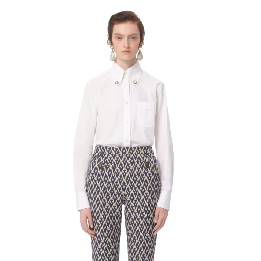 Chemise manches longues VALENTINO popeline de coton blanc bijoux cfleurs ol