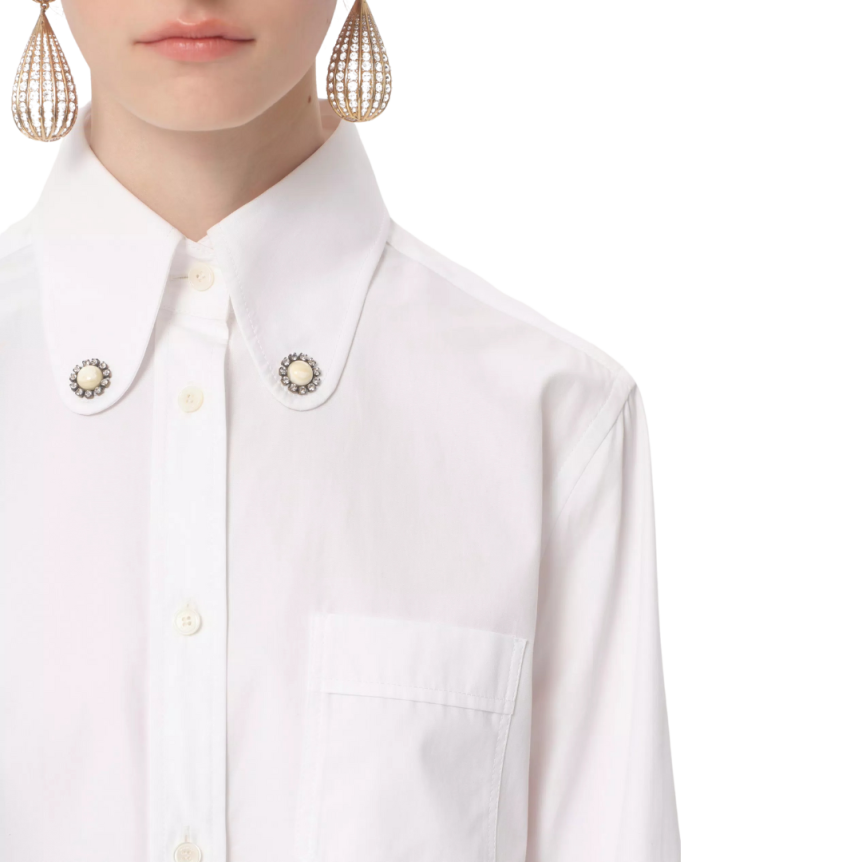 Chemise manches longues VALENTINO popeline de coton blanc bijoux cfleurs ol