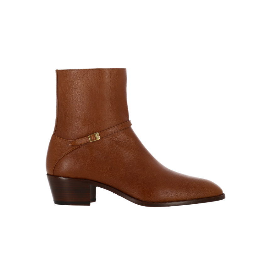 Bottines Boots VALENTINO Pat cuir chevreau tabac boucle V Logo signature