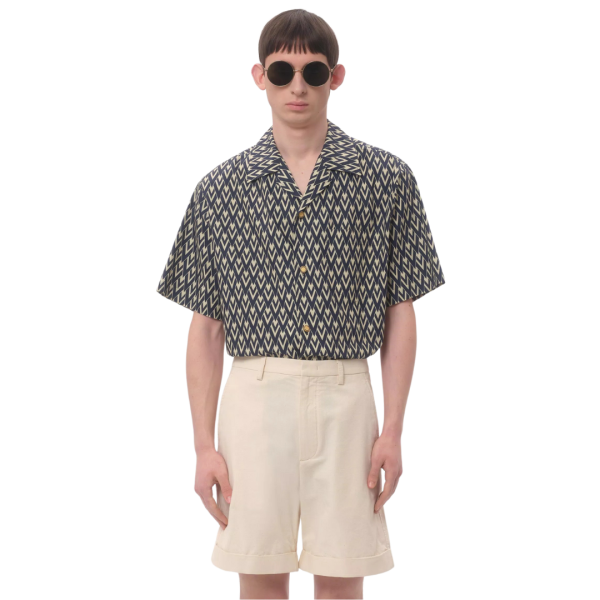 Chemise bowling VALENTINO popeline coton bleu marine V logo écru