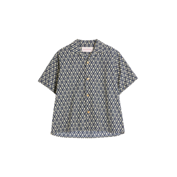 Chemise bowling VALENTINO popeline coton bleu marine V logo écru