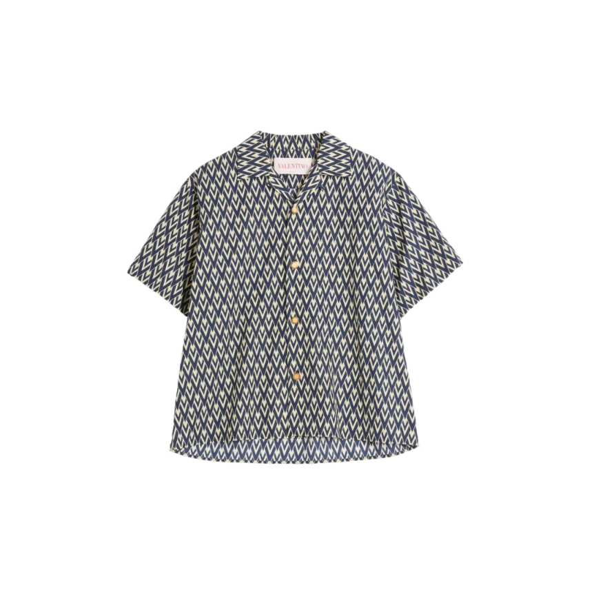 Chemise bowling VALENTINO popeline coton bleu marine V logo écru