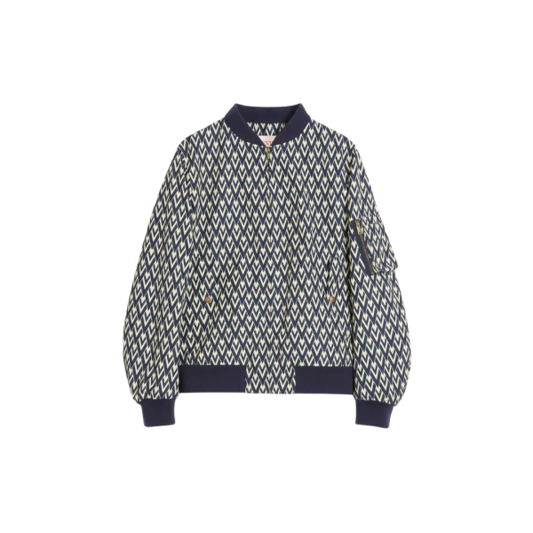 Blouson bomber VALENTINO nylon bleu marine V logo écru