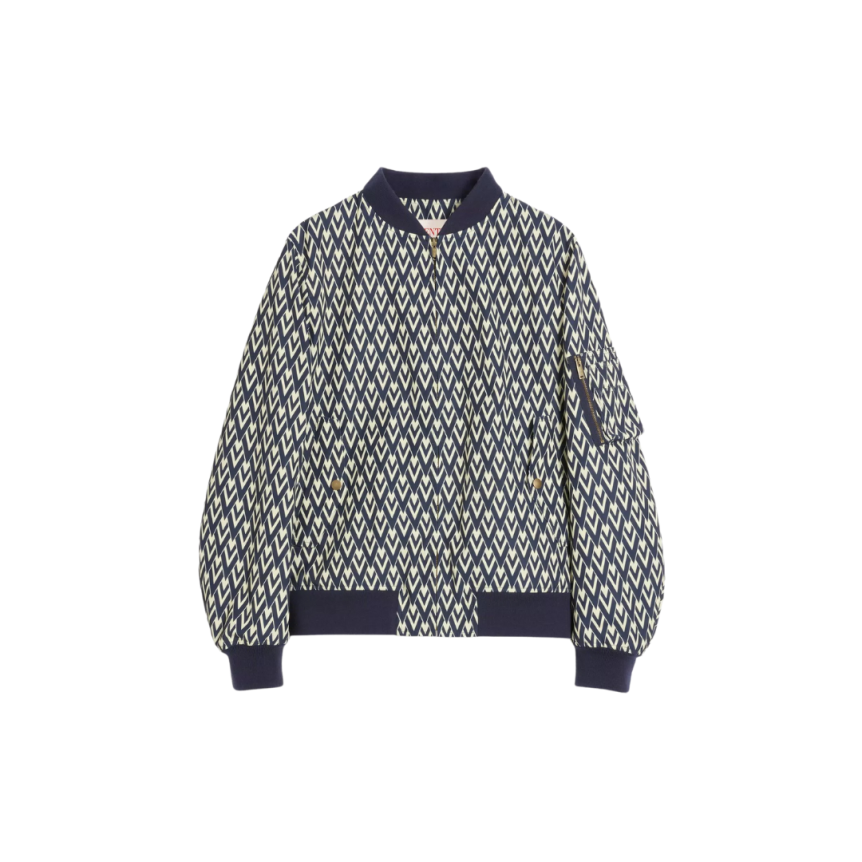 Blouson bomber VALENTINO nylon bleu marine V logo écru