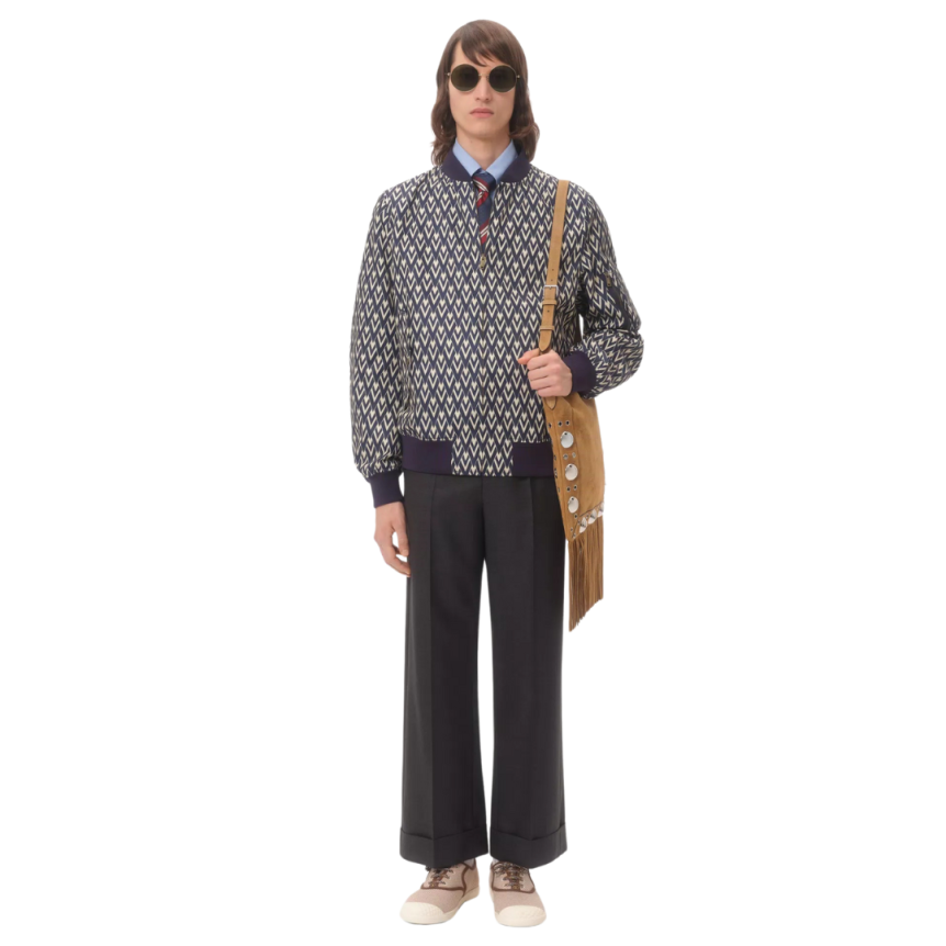 Blouson bomber VALENTINO nylon bleu marine V logo écru