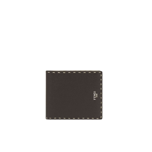 Portefeuille 2 volets FENDI Selleria cuir grainé marron surpiqures