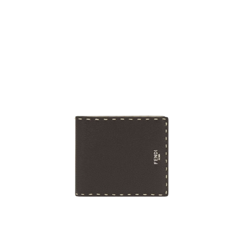 Portefeuille 2 volets FENDI Selleria cuir grainé marron surpiqures