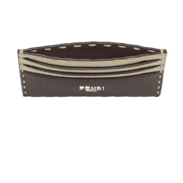 Porte-cartes FENDI Selleria cuir grainé marron surpiqures