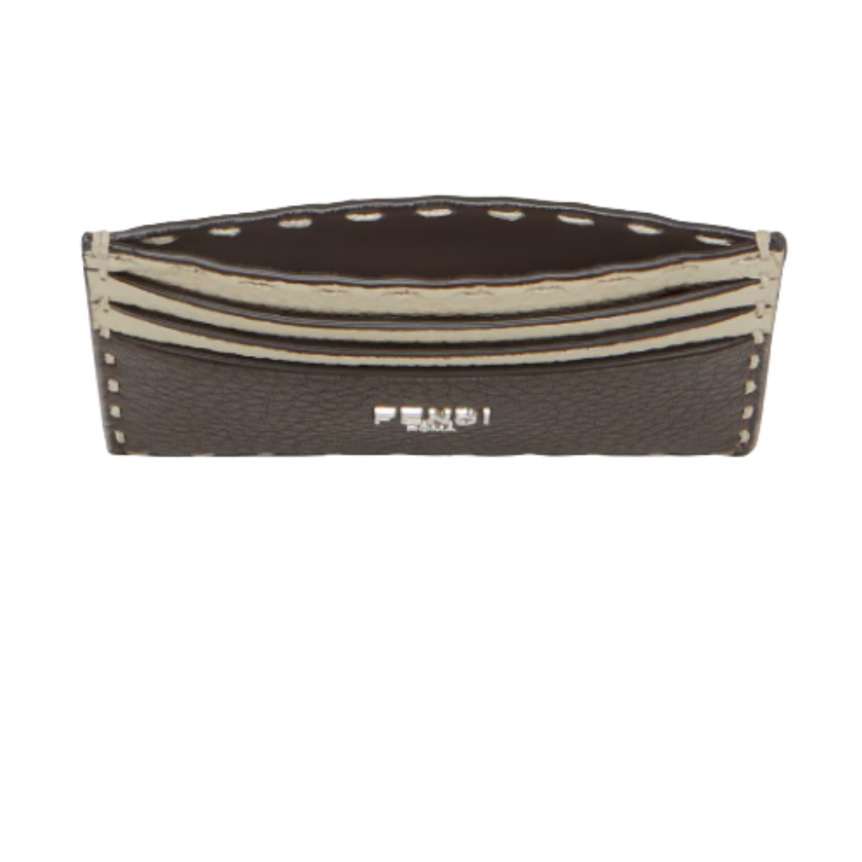 Porte-cartes FENDI Selleria cuir grainé marron surpiqures