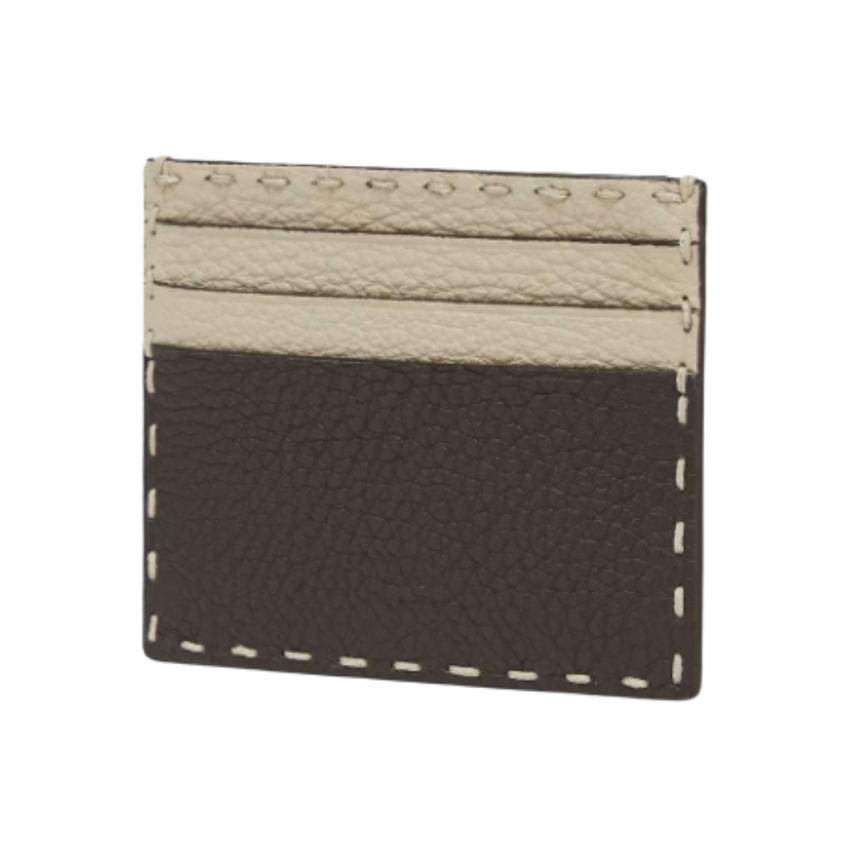 Porte-cartes FENDI Selleria cuir grainé marron surpiqures