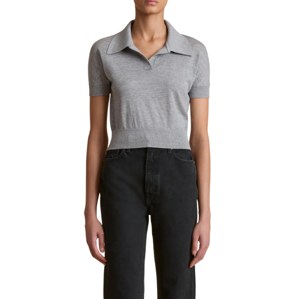 Pull court col polo KHAITE Morgane laine mérinos gris